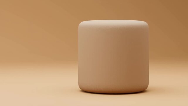 Minimalist 3D matte clay geometric cylinder rotating on beige background