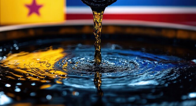amber liquid pouring from a spout into a dark barrel, creating concentric ripples and glossy reflections against a colorful blurred background, moody and vibrant