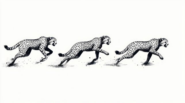 three ink sketch cheetahs in sequential running poses kicking up dust conveying focused speed and dynamic motion