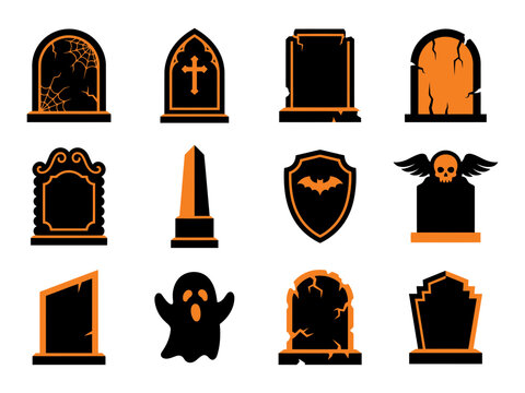 Spooky halloween tombstone and ghost vector illustrations for festive designs and creepy decorations
