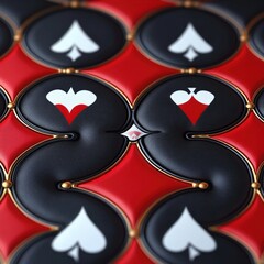 Naklejka premium close-up of luxurious quilted red leather pattern with black padded shapes, white spade and red heart motifs, gold trim and studs, symmetrical and opulent