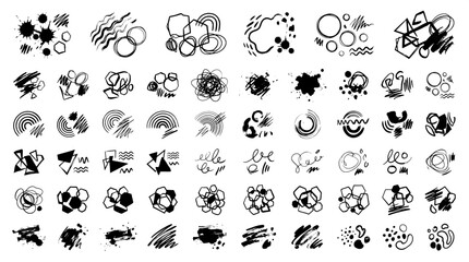 Fototapeta premium Assorted black ink brush strokes abstract shapes geometrical compositions paint splatters isolated on white background