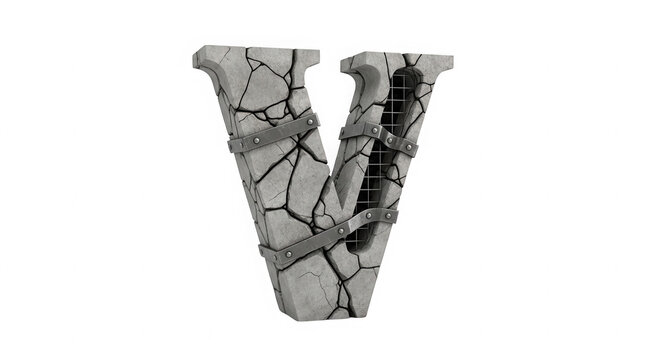 Cracked stone letter V with a broken texture and grey surface isolated on transparent background