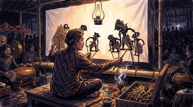 Indonesian Dalang Performing Wayang Kulit Shadow Puppet Show with Gamelan Musicians and Ritual Offerings