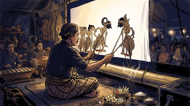 Traditional Javanese Wayang Kulit Night Performance with Oil Lamp Gamelan and Ritual Incense