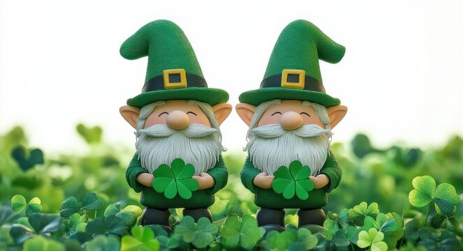 two cheerful gnome figurines with green pointed hats and white beards holding four-leaf clovers in a lush clover field