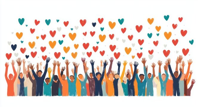 diverse crowd of people with raised hands celebrating together as colorful hearts float above, expressing joy, unity, love, and inclusivity