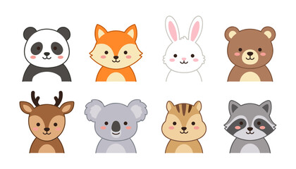 Fototapeta premium Cute Cartoon Animal Avatars and Faces Vector Illustration Set with Panda Fox Bear Bunny and Koala for Kids Stickers and Graphic Designs