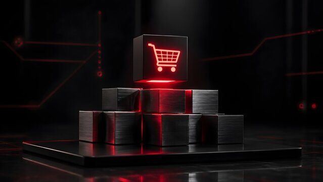Stack of dark metallic cubes with glowing red neon shopping cart icon representing futuristic e-commerce and digital retail technology.