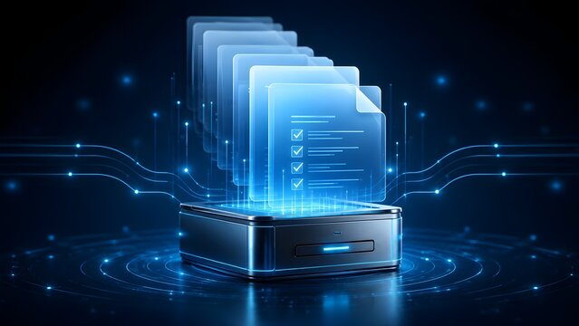 Holographic digital documents popping out of device representing automated file processing electronic records and data digitization.