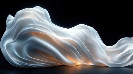 Fototapeta premium soft translucent white fabric-like sculpture with warm inner glow and flowing folds on black background, ethereal and serene