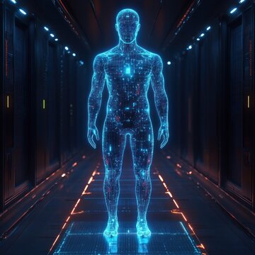 glowing blue holographic humanoid composed of circuitry standing in a dim server corridor, futuristic and uncanny atmosphere