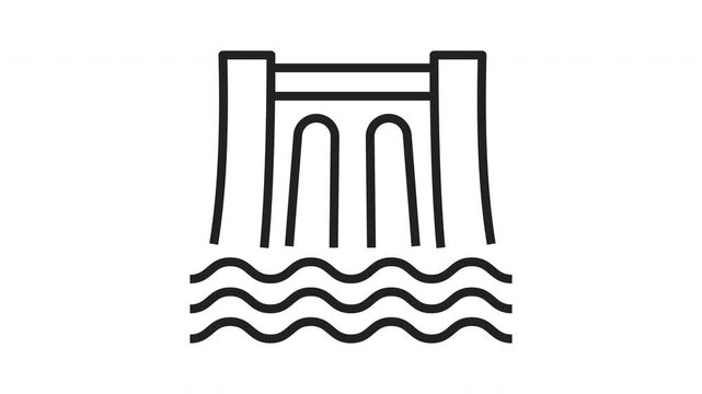 Hydroelectric Water Dam Animated Line Icon in Black and White