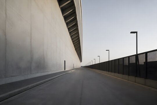 Empty Stadium Service Road Along Massive Blank Wall Creates Strong Industrial Geometry Architecture Photography Scene