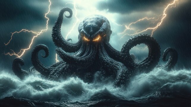 Giant tentacled sea monster with glowing eyes rising from a stormy ocean amid lightning and crashing waves, menacing and powerful