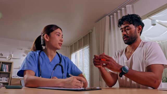 Doctor Patient Consultation Medicine Clinic Healthcare Capsule Note Stethoscope Woman Man Discussion Prescription Diagnosis Treatment Advice Symptom Home Care Clipboard Tablet Visit