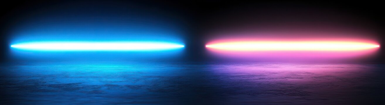 Two hovering neon ovals over a reflective textured floor, blue and pink glowing horizontal rings in a dark futuristic space, moody and mysterious atmosphere