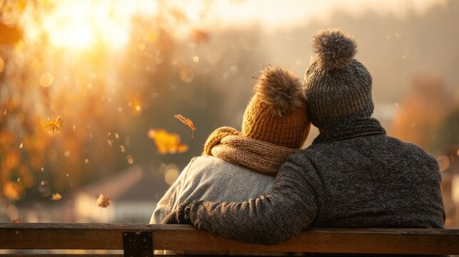 Couple in warm hats embracing outdoors with sunlight and autumn leaves