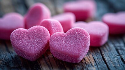 Obraz premium close-up of sugar-coated pink heart gummy candies on rustic wooden surface conveying sweet romantic warmth