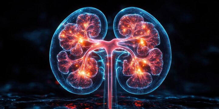 glowing pair of kidneys with illuminated renal blood vessels and ureters, neon blue outline and fiery orange internal energy conveying futuristic awe