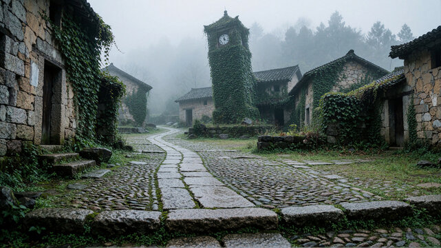 Misty abandoned stone village with clock tower and cobblestone path