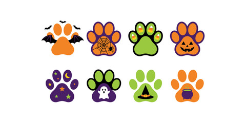 Halloween paw print collection featuring bats, spiderweb, pumpkin, ghost, witch hat, cauldron and spooky seasonal designs © SAHARA
