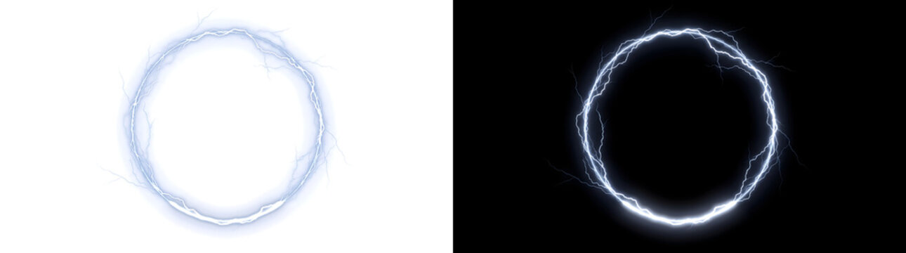 Lightning circle glowing white electric ring for energy designs in PNG, Transparent and Black Background Versions