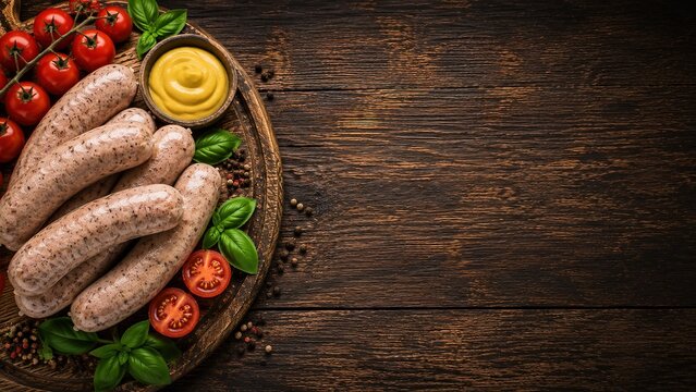 Sausage food background with mustard, tomatoes, basil and peppercorns arranged on rustic wood with large copy space for menu, advertising and food design.