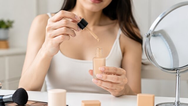 Woman applying liquid foundation with a cosmetic applicator during a beauty makeup routine at home, featuring neutral cosmetics, mirror and natural skincare lifestyle.