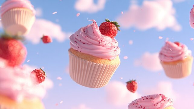 Delicious cupcakes with strawberry topping floating in a whimsical sky scene
