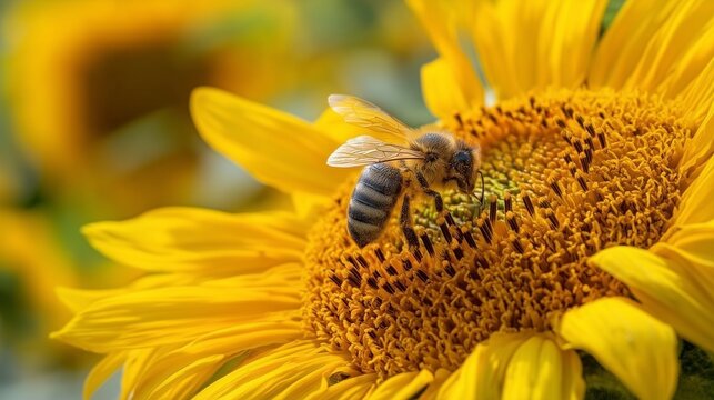 Honeybee Foraging on a Bright Yellow Sunflower