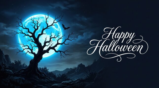 Spooky halloween background featuring a glowing blue full moon and a silhouette of a bare tree