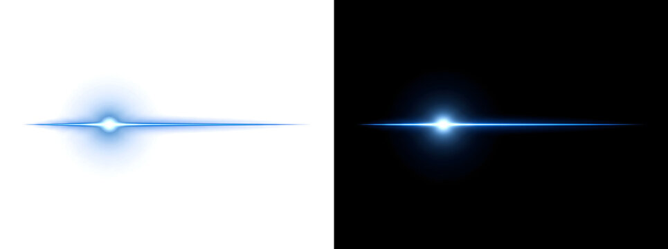 Simple blue horizontal light flare with a soft glowing core streaking gently across darkness ideal for minimal overlay design with PNG, Transparent and Black Background Versions