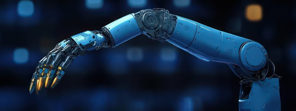 sleek blue industrial robotic arm with articulated mechanical hand and gold-tipped fingers reaching over a dark blurred bokeh background, conveying futuristic precision