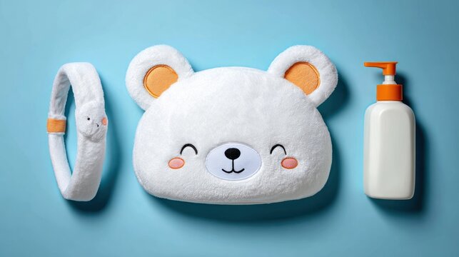 White bear shaped cushion and skincare products on light blue background
