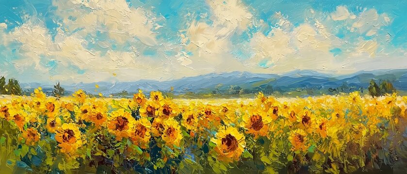 Panoramic Painting of a Sunflower Field Beneath Clouds and Distant Mountains