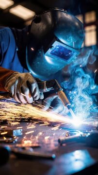Professional welder working with sparks and bright blue welding flame in industrial workshop