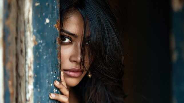Woman peers cautiously through a slightly ajar rustic wooden doorway with a mysterious expression.