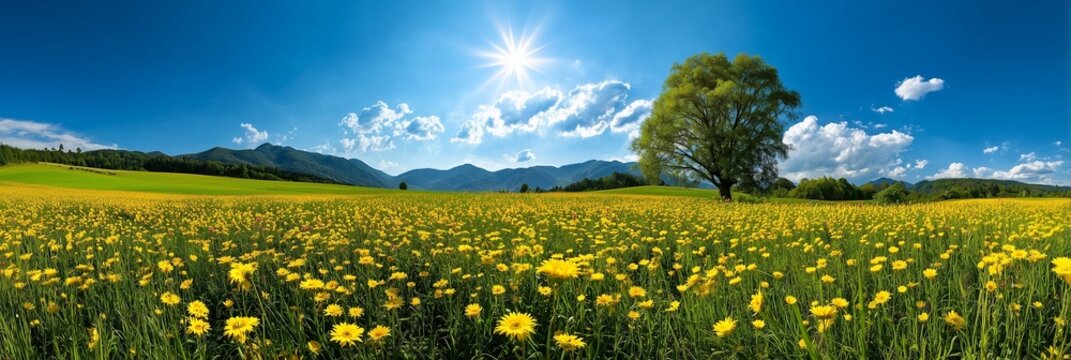 Panoramic meadow filled with yellow wildflowers beneath bright sun, lone tree, and distant mountains