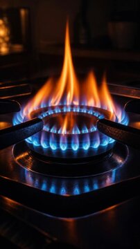 Close up view of a blue and orange flame burning on a gas stove burner in a kitchen