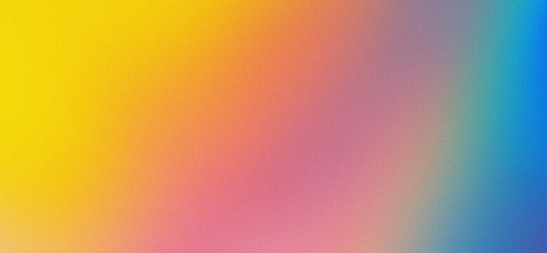 Vibrant Rainbow Spectrum, Bright Sunburst Yellow, Coral Pink, Lavender Purple, and Ocean Blue Abstract Gradient Background Featuring Heavy Grainy Noise Texture with Smooth Blend Transitions