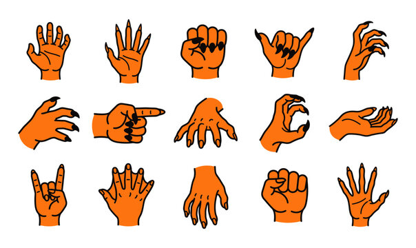 A diverse collection of orange hand vector illustrations perfect for spooky halloween designs and creative projects