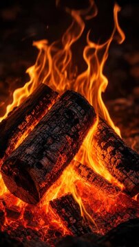 Close up of burning firewood with glowing flames and embers in a warm campfire scene