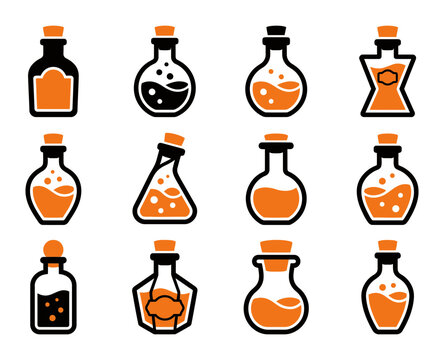 A collection of halloween themed potion bottles and flasks in a vector illustration style