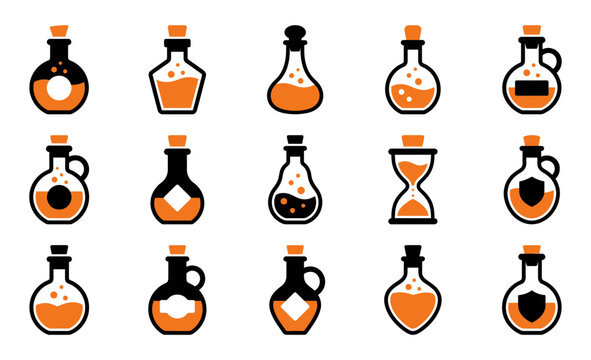 Spooky halloween potions and magical hourglass vector set for festive decorations and designs