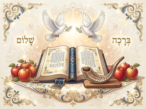 Rosh hashanah celebration with open torah scroll, shofar, and apples