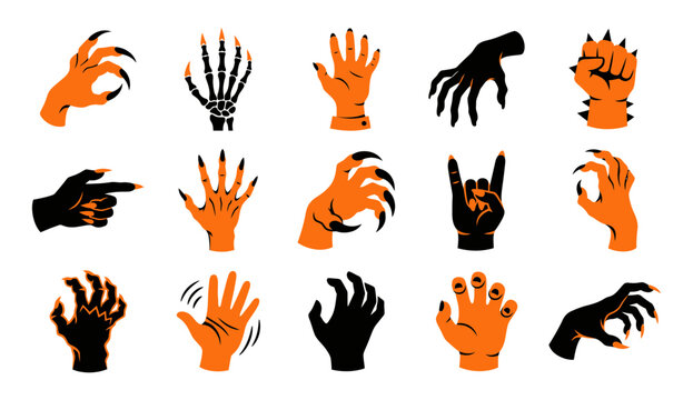 A spooky collection of halloween hand vectors claws skeletons and gestures for festive designs
