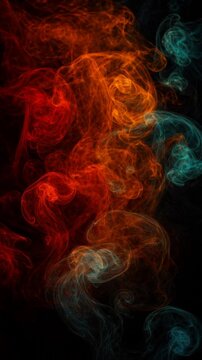 Colorful swirling smoke in red orange and blue on black background vibrant abstract art