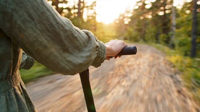 Close up of a young woman in a green linen dress riding an electric scooter on a dirt path through a forest at sunset.