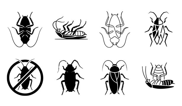 Cockroach and Beetle Insect Pest Control Icon Set with Prohibited Sign and Dead Bug Silhouette Graphic Designs